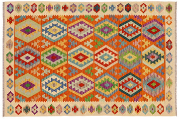 Flat Weave Kilim, Antique, Navaho, Vintage, Handmade, Geometric Kilim Rust Beige Hand-Woven Rectangle 100% Wool Area Rug 5 x 6